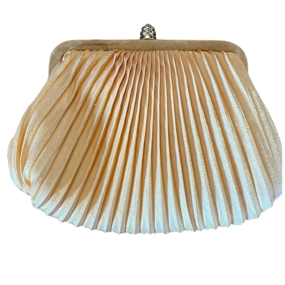 Sasha Gold Satin Pleated small purse w/Gold chain shoulder strap 7.5”W X 5.5”H - Picture 3 of 12